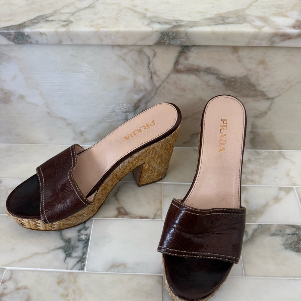 Prada Women's Brown Leather Platform Mules